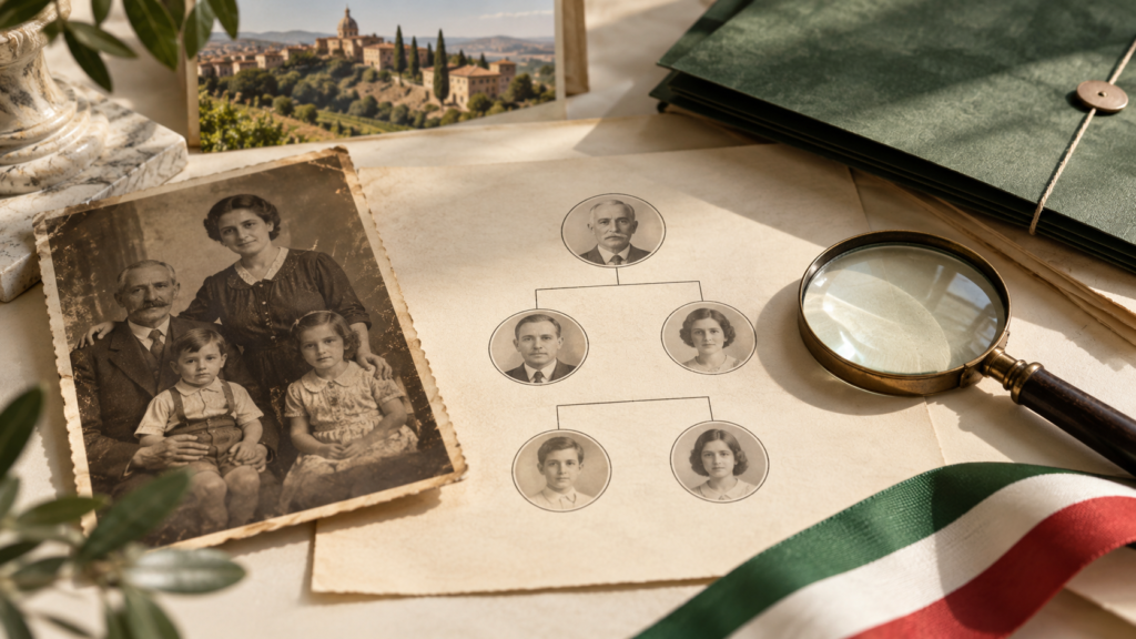 Fotografia familiar antiga ao lado de uma árvore genealógica de quatro gerações e fita italiana.