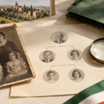 Fotografia familiar antiga ao lado de uma árvore genealógica de quatro gerações e fita italiana.