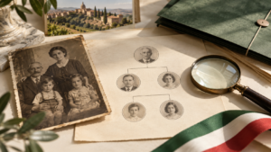 Fotografia familiar antiga ao lado de uma árvore genealógica de quatro gerações e fita italiana.